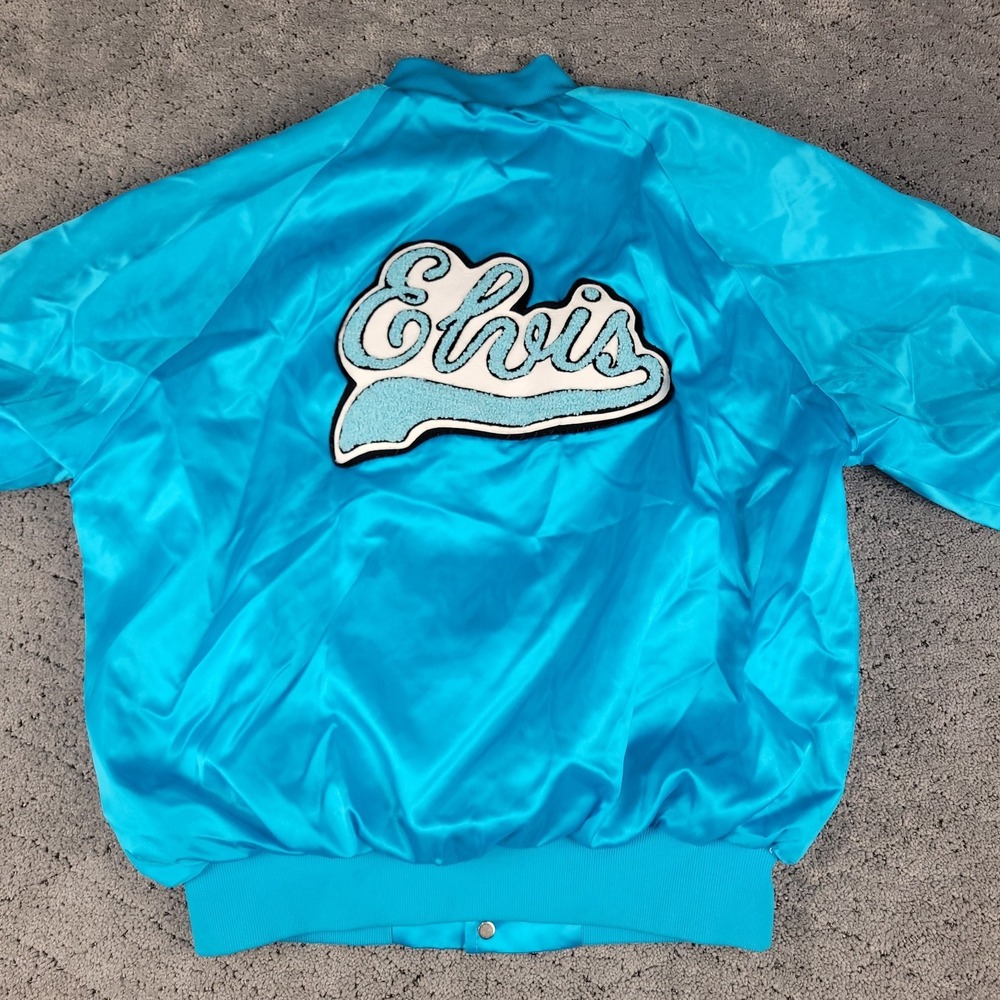 Vintage Memories Of Elvis Jacket Mens Large Blue Satin Bomber Snap Up Rock Music